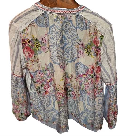 Johnny Was Effortless Striped Puff-Sleeve Peasant Blouse Floral Size Large - Picture 3 of 9